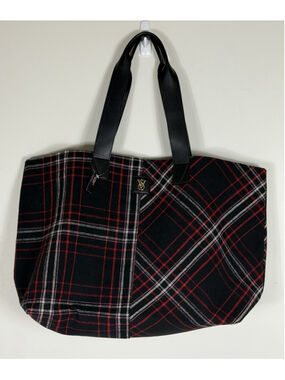 Victoria's Secret Open Top Weekender Holiday Black Red Plaid Tote Bag 2025